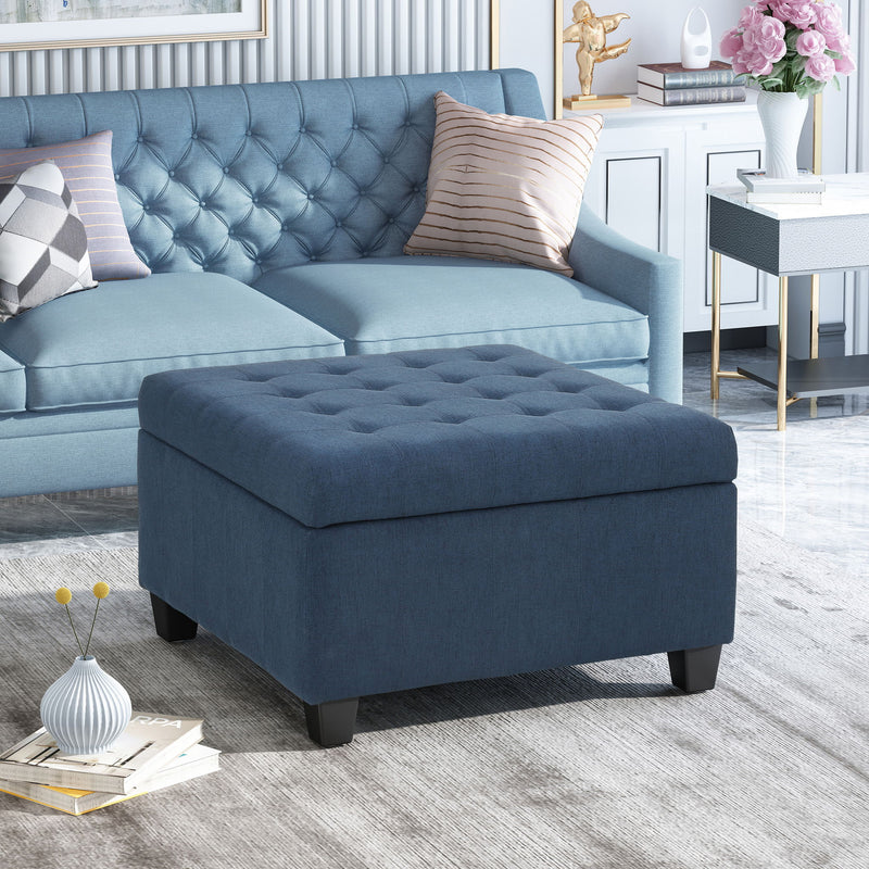 Noble House Isabella contemporary storage ottoman with cushioned top and wooden legs, ideal for living room decor and extra storage space.