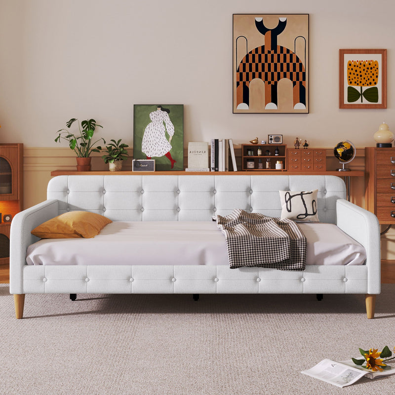 Dreamland upholstered modern daybed with clean lines, plush cushions, and sleek design, perfect for contemporary living rooms.