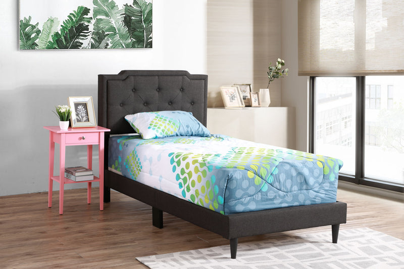 Button tufted upholstered bed by Glory Furniture with a cozy, elegant design, featuring plush fabric and a charming headboard.