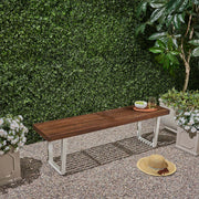 Noble House Intrinsic outdoor dining bench with slat top, sturdy wooden design perfect for patio or garden seating.