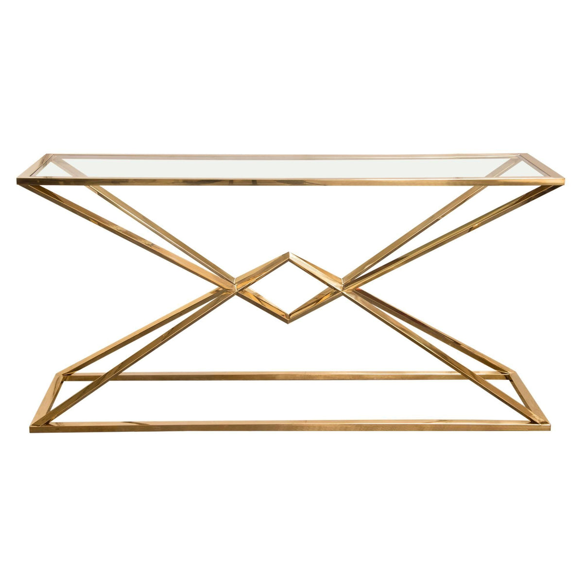 Aria Rectangle Stainless Steel Console Table w/ Polished Gold Finish Base & Clear, Tempered Glass Top by Diamond Sofa
