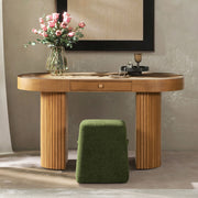 Jennifer Taylor Home Jesse single drawer fluted oval console desk in honey brown wood with tapered legs and elegant design.