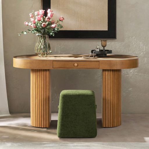 Jennifer Taylor Home Jesse single drawer fluted oval console desk in honey brown wood with tapered legs and elegant design.