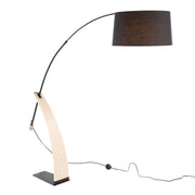 Lumi Source Robyn floor lamp with a natural wood finish and black metal base, modern design for living room or bedroom lighting.