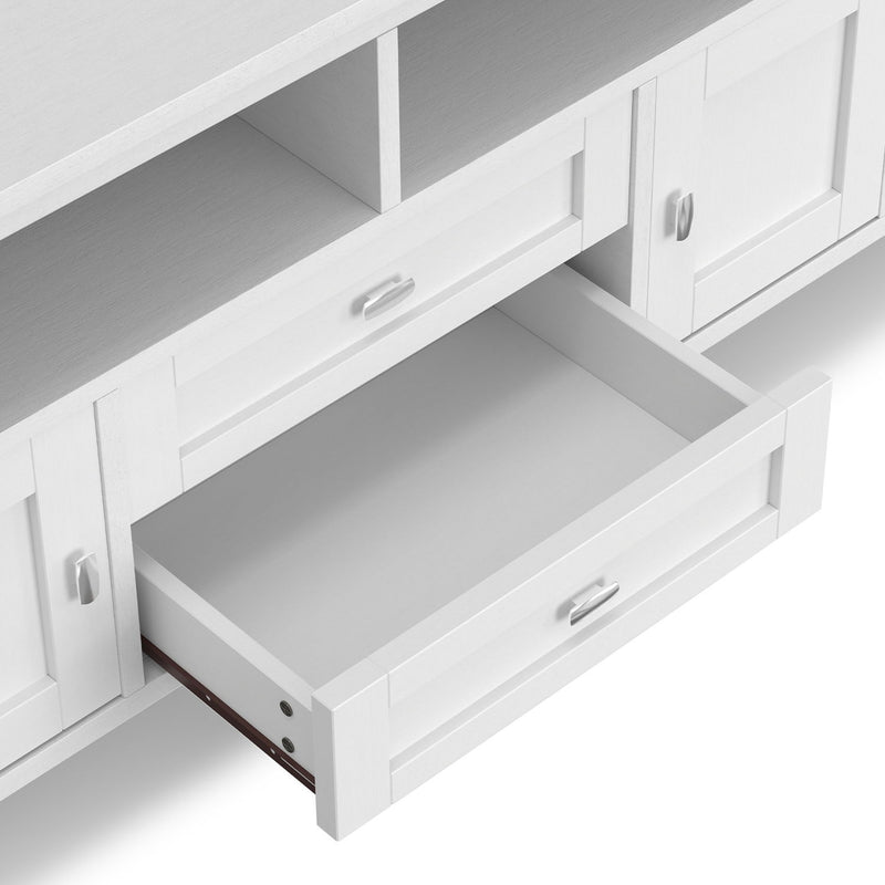 Handcrafted Warm Shaker TV media stand by Simpli-Home with wood finish and storage compartments, designed for modern living rooms.