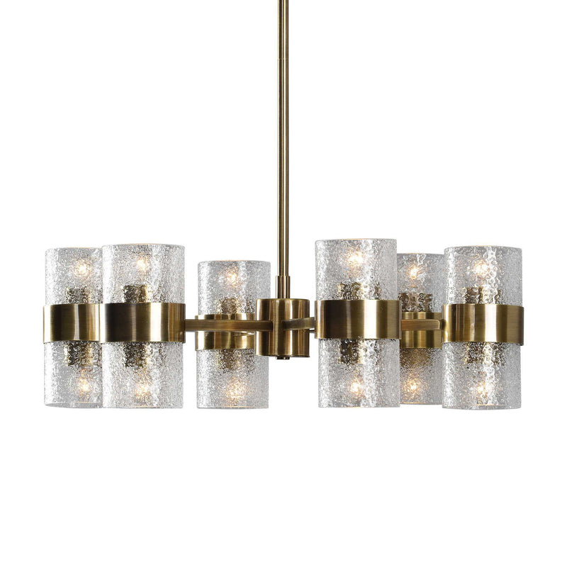 Uttermost Marinot 12-light gold chandelier with elegant curved arms and clear glass globes hanging from a polished gold finish.