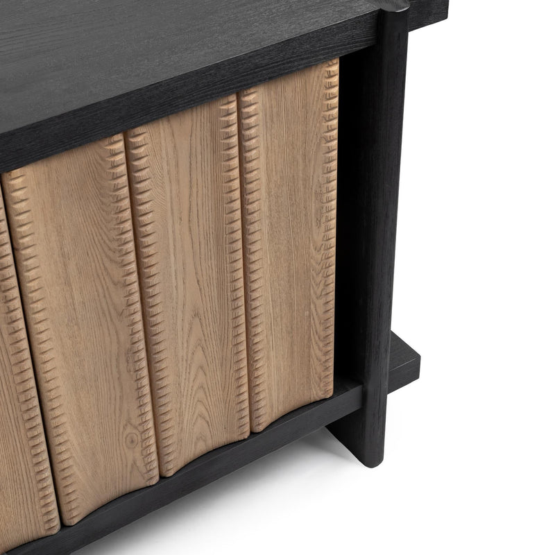 Classic Home Ellison 4-door Shoreline Noir buffet cabinet with sleek black finish and modern design, featuring ample storage space.