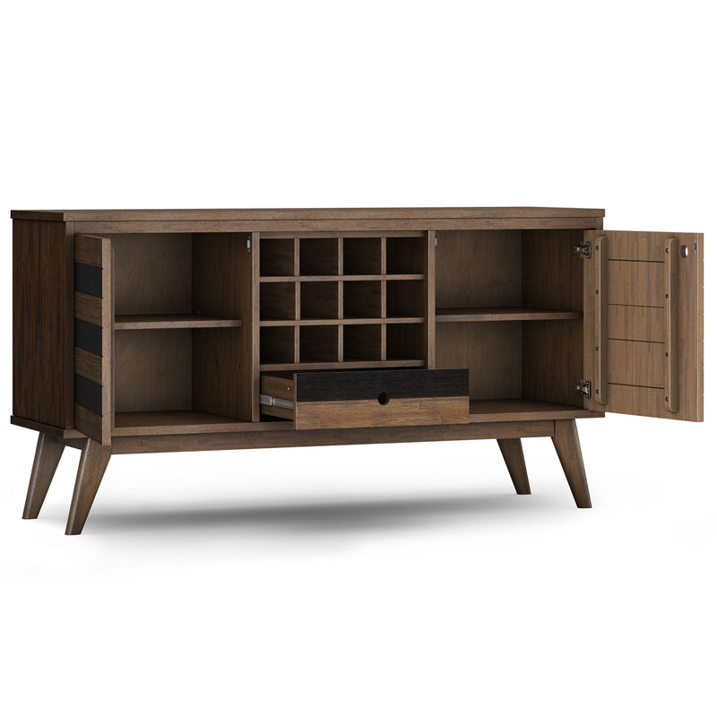 Brown Clarkson sideboard with multiple storage compartments by Simpli-Home, featuring a modern design for living room or dining area.