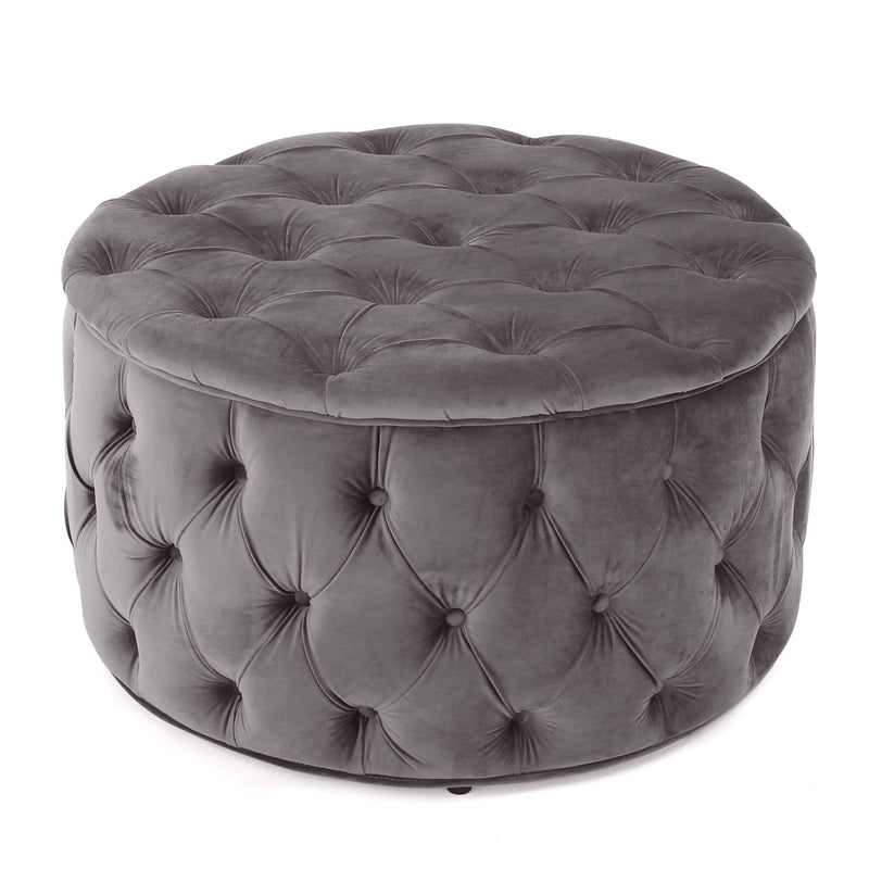 Noble House modern glam upholstered ottoman with plush fabric and sleek design, ideal for contemporary living spaces.