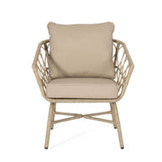 Noble House Bruce outdoor club chair set with brown rattan frames, water-resistant cushions, and iron support, perfect for patio.
