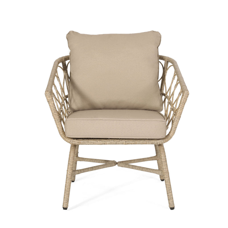 Noble House Bruce outdoor club chair set with brown rattan frames, water-resistant cushions, and iron support, perfect for patio.