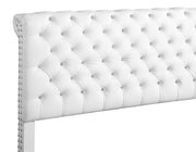 Elegant transitional upholstered bed by Glory Furniture with a padded headboard and plush fabric, showcasing a modern bedroom style.
