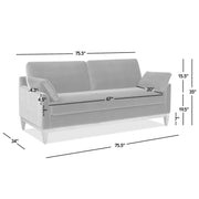 Jennifer Taylor Home Pasadena Modern Farmhouse Sofa in neutral fabric with plush cushions and wooden legs.