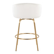 Pair of Lumi Source Claire contemporary glam counter stools with sleek design, metal legs, and plush upholstered seats.