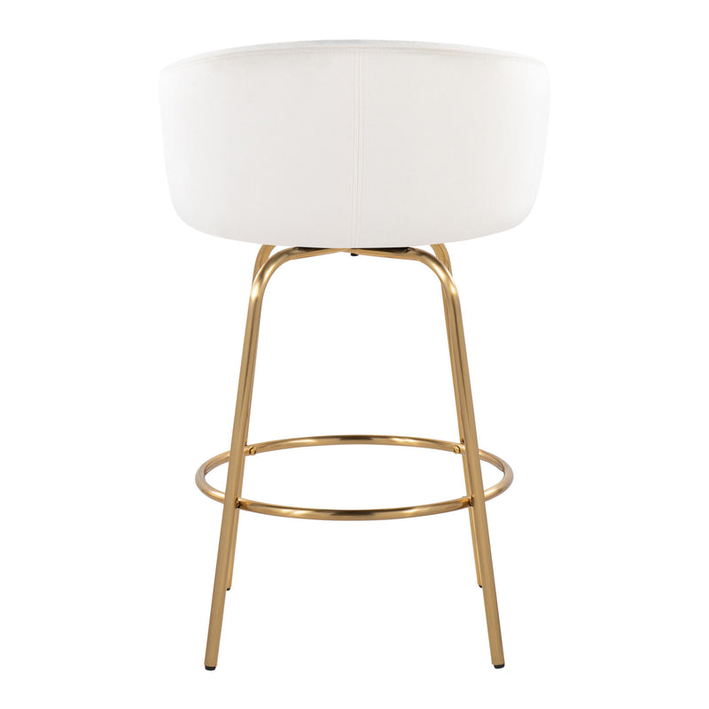 Pair of Lumi Source Claire contemporary glam counter stools with sleek design, metal legs, and plush upholstered seats.