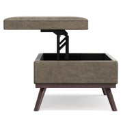 Simpli-Home Owen multifunctional square coffee table with built-in storage ottoman, featuring a soft cushioned top and wooden legs.