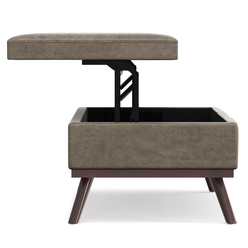 Simpli-Home Owen multifunctional square coffee table with built-in storage ottoman, featuring a soft cushioned top and wooden legs.