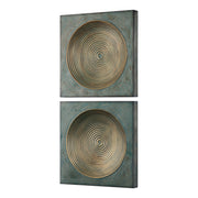 Pair of Uttermost Sybil Squares wall decor in antique gold with intricate square patterns on a neutral background.