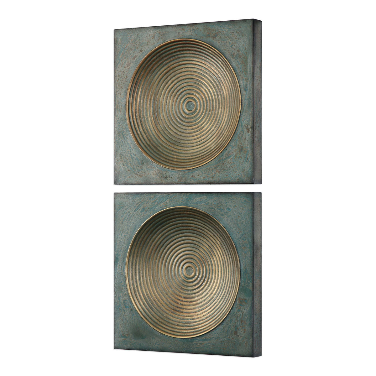 Pair of Uttermost Sybil Squares wall decor in antique gold with intricate square patterns on a neutral background.