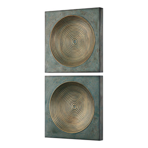 Pair of Uttermost Sybil Squares wall decor in antique gold with intricate square patterns on a neutral background.