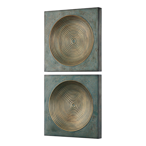 Pair of Uttermost Sybil Squares wall decor in antique gold with intricate square patterns on a neutral background.