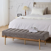 Noble House Thorian luxury upholstered ottoman bench with gold metal base, gray fabric, channel tufting, modern design.