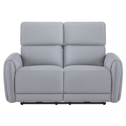 Gray synthetic leather ACME Jeromie power motion loveseat with reclining function and built-in USB port.