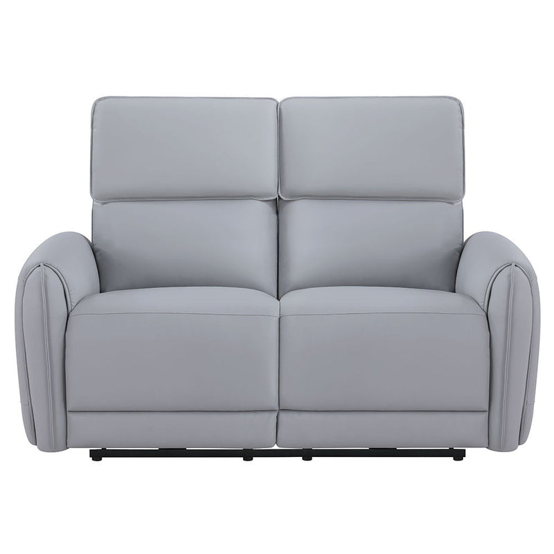 Gray synthetic leather ACME Jeromie power motion loveseat with reclining function and built-in USB port.
