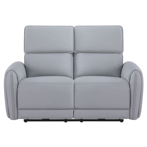 Gray synthetic leather ACME Jeromie power motion loveseat with reclining function and built-in USB port.