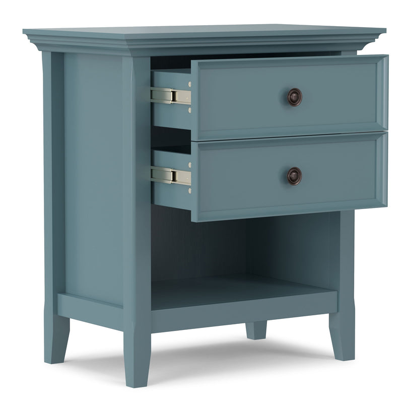 Handcrafted Amherst bedside table by Simpli-Home with a natural wood finish and simple rectangular design.