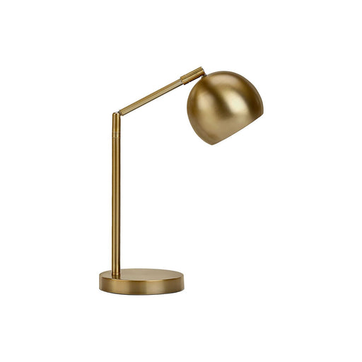 Contemporary gold table lamp from 8th Street with a sleek, modern design and a stylish lampshade on a table surface.