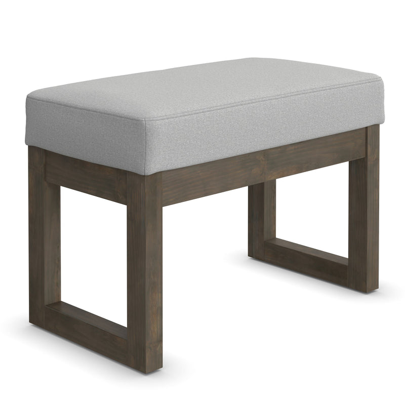 Simpli-Home Milltown upholstered ottoman bench with cushioned top and wooden legs, ideal for versatile living room seating.