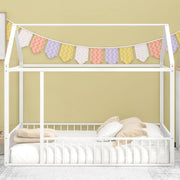 Halcyon Home metal house bed frame with canopy and fence, sturdy metal canopy bed with child-friendly fence design