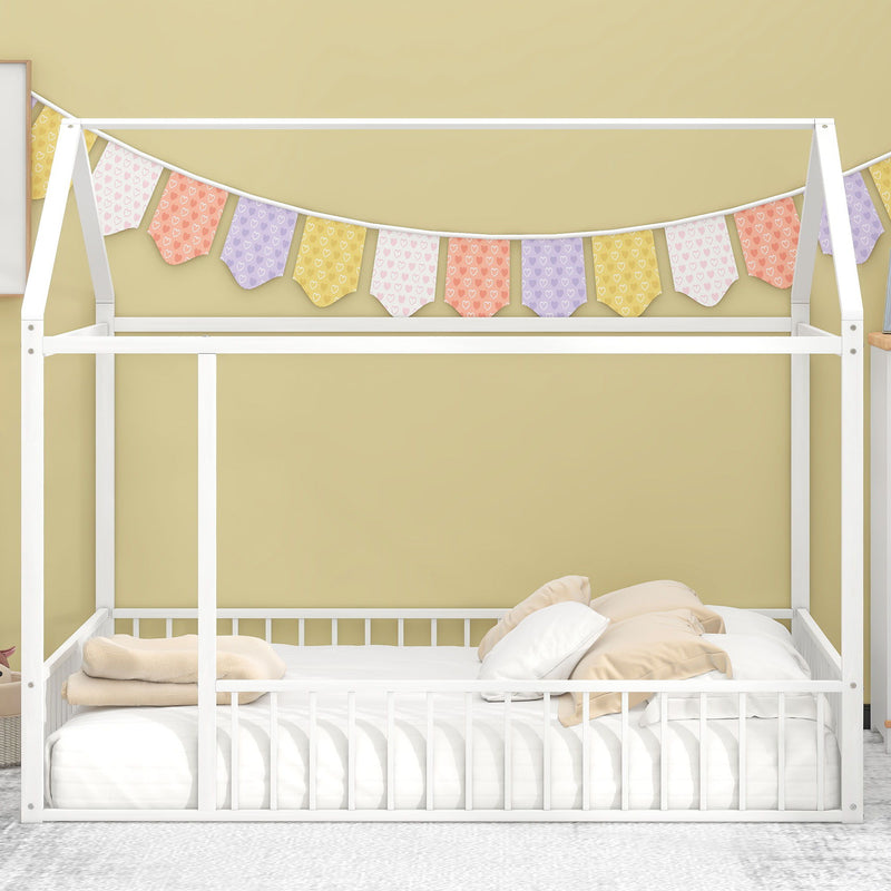 Halcyon Home metal house bed frame with canopy and fence, sturdy metal canopy bed with child-friendly fence design