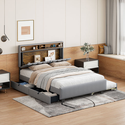 Upholstered Platform Bed With Storage Headboard, Trundle & 2 Drawers And A Set Of Sockets & USB Ports - R&R Furniture Gallery (Fountain Valley, CA)
