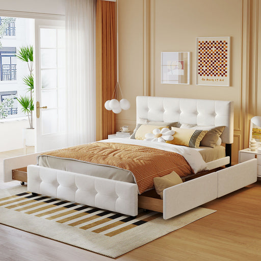 DreamHaus upholstered platform bed with classic headboard and built-in drawers, no box spring needed, in a cozy bedroom setting.