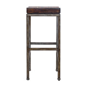 Uttermost Beck industrial counter height bar stool with metal frame and wooden seat, suitable for modern kitchen or bar area.