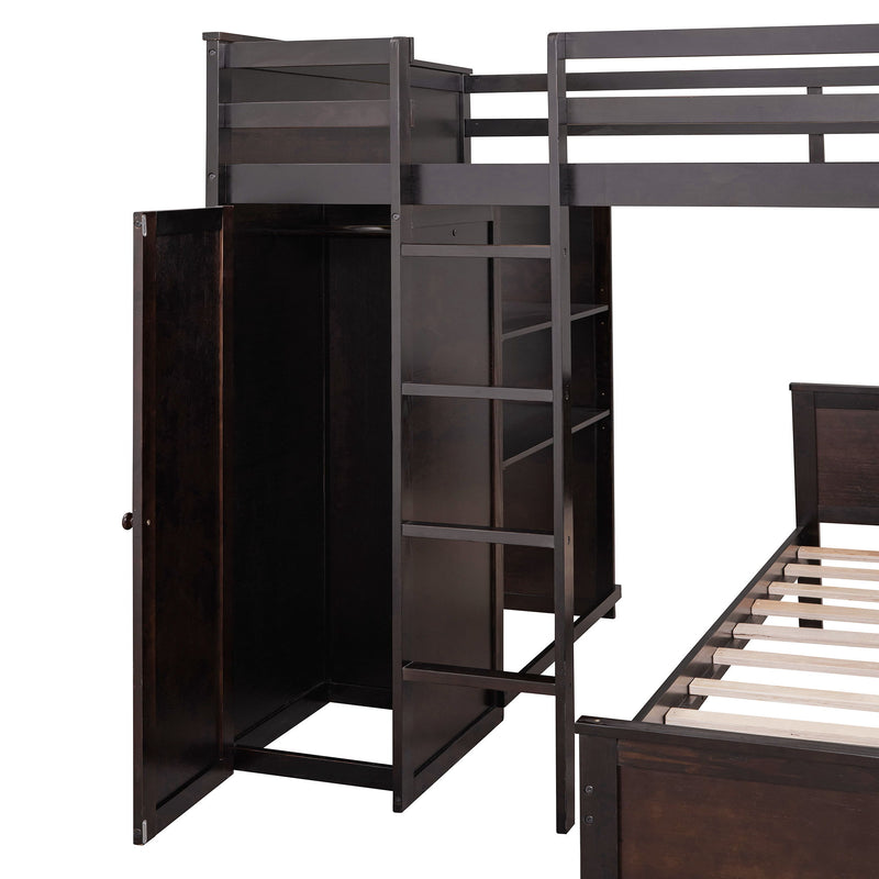 DreamHaus loft bed with twin standalone bed, shelves, desk, and wardrobe, shown in a modern bedroom setting.