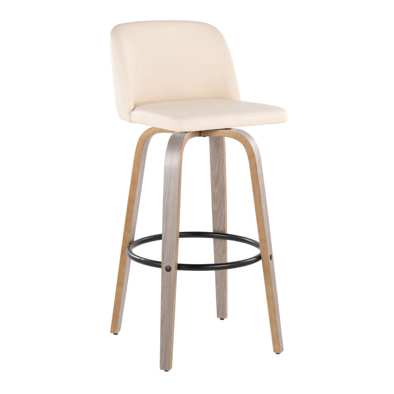 Set of two Lumi Source Toriano fixed height contemporary barstools with swivel and round footrest, modern design, in black upholstery.