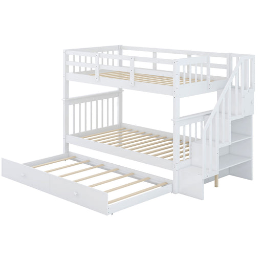 DreamHaus stairway bunk bed with built-in storage drawers, guard rails, and sturdy wooden frame for children's bedroom.