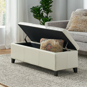 Noble House Glouster contemporary storage ottoman with a padded fabric top and wooden legs, suitable for living room storage.