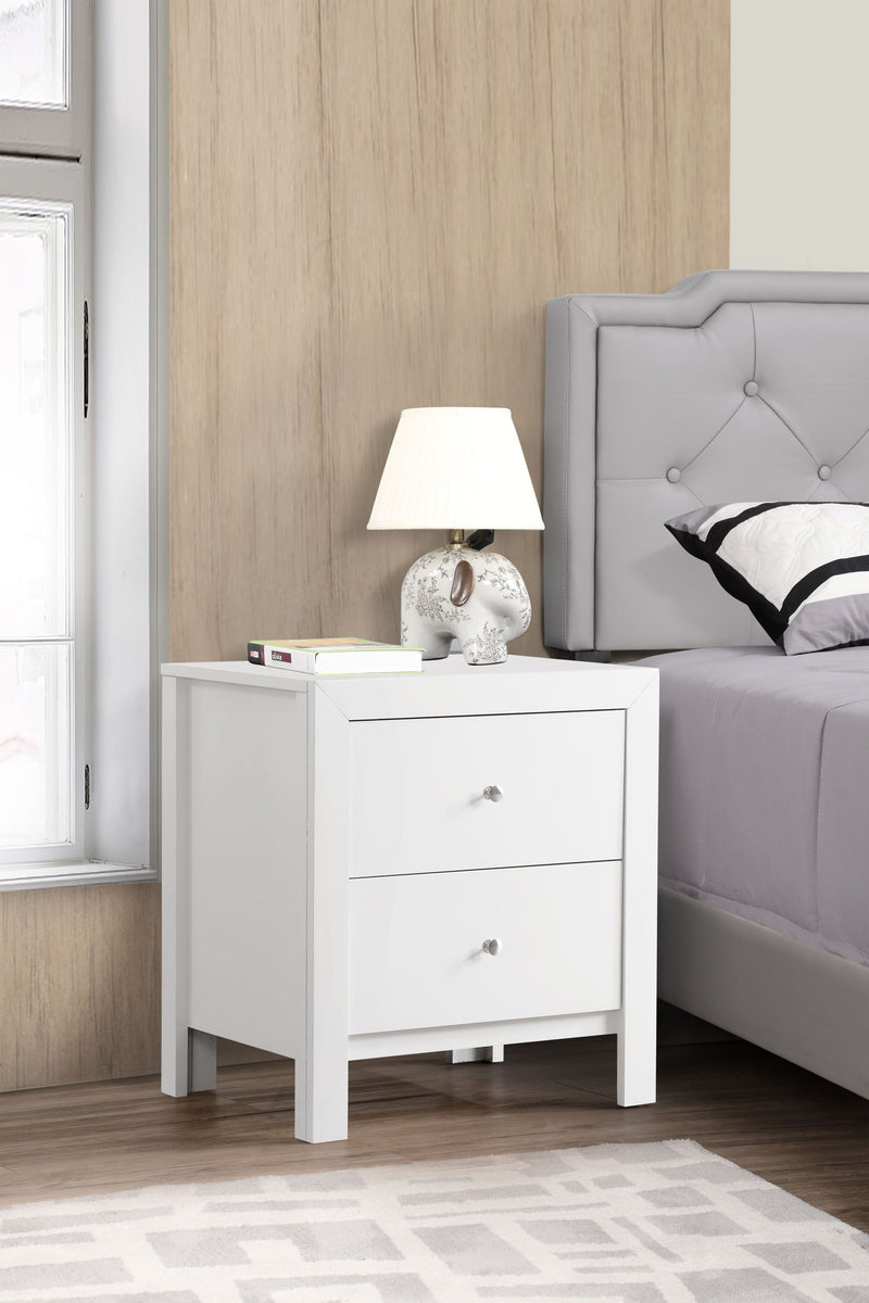 Glory Furniture accent nightstand with drawers, featuring a charming design and wooden finish, ideal for bedroom storage.