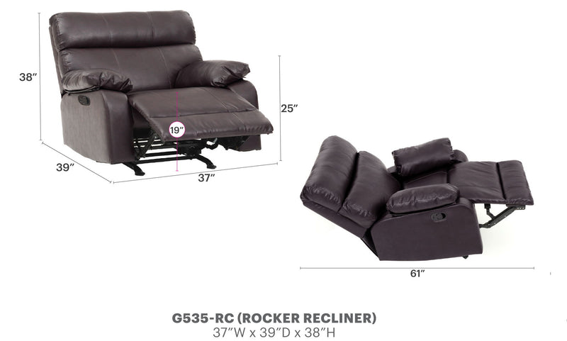 Glory Furniture modern design rocker recliner with plush upholstery and curved armrests, perfect for relaxing in style.