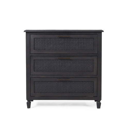 Dark gray Newell Cane 3 Drawer Dresser by Noble House, modern accent chest with sleek drawer handles and cane-style accents.