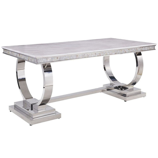 Zander - Dining Table - White Printed Faux Marble Top & Mirrored Silver - R&R Furniture Gallery (Fountain Valley, CA)