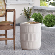 Antique white outdoor patio end table by Noble House with a sturdy metal frame and slatted top for outdoor use.