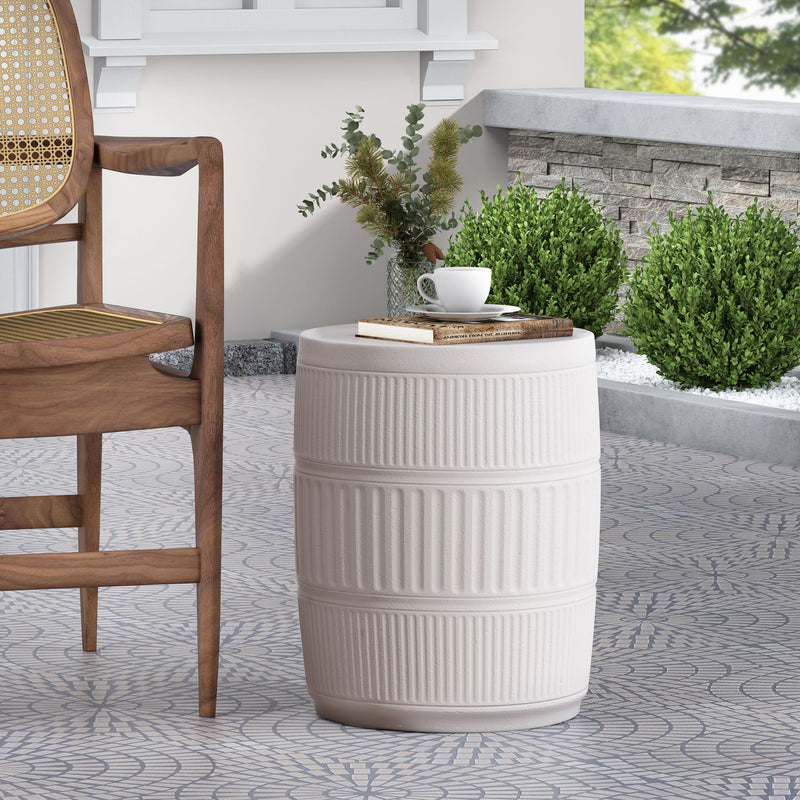 Antique white outdoor patio end table by Noble House with a sturdy metal frame and slatted top for outdoor use.
