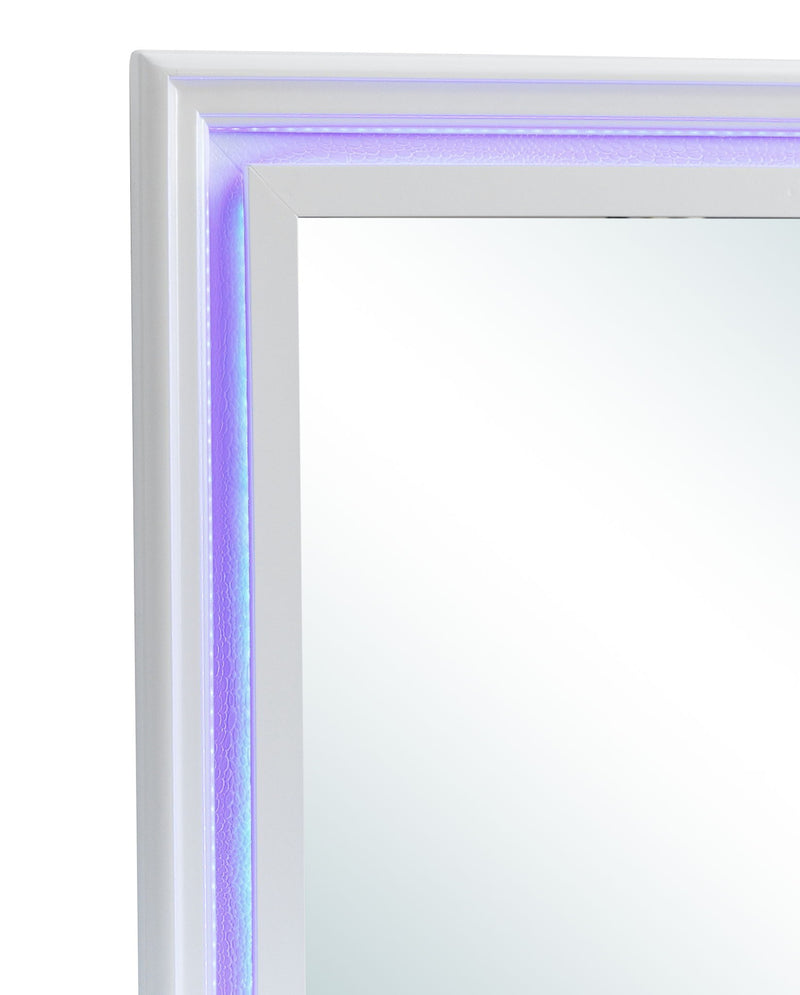 Elegant Lorana transitional LED mirror by Glory Furniture featuring a sleek, modern design with integrated LED lighting.