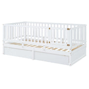 DreamHaus storage daybed with fence guardrails, two drawers, and split design for floor bed and daybed use.