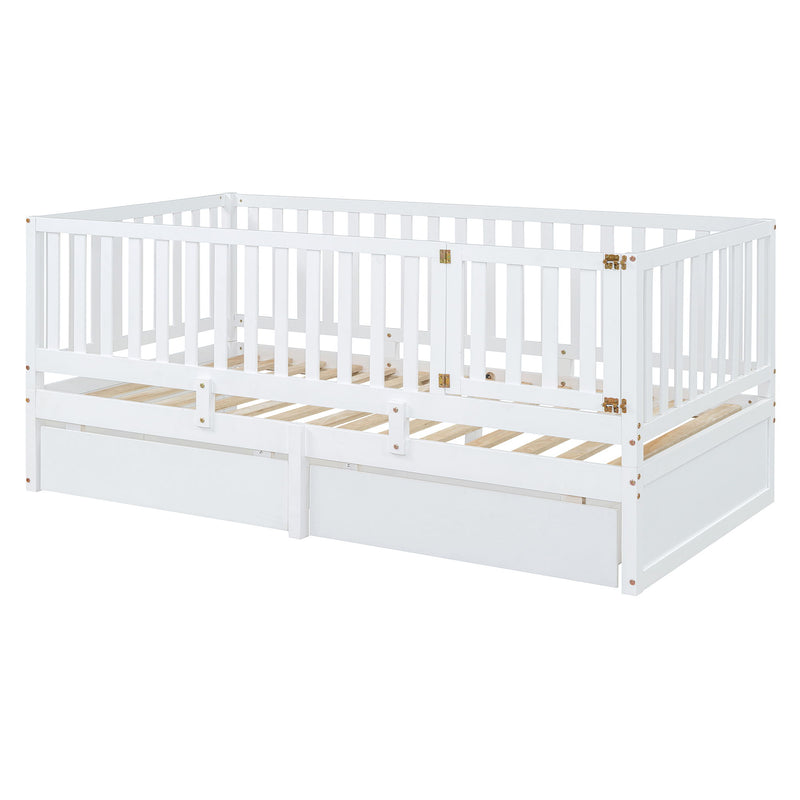 DreamHaus storage daybed with fence guardrails, two drawers, and split design for floor bed and daybed use.